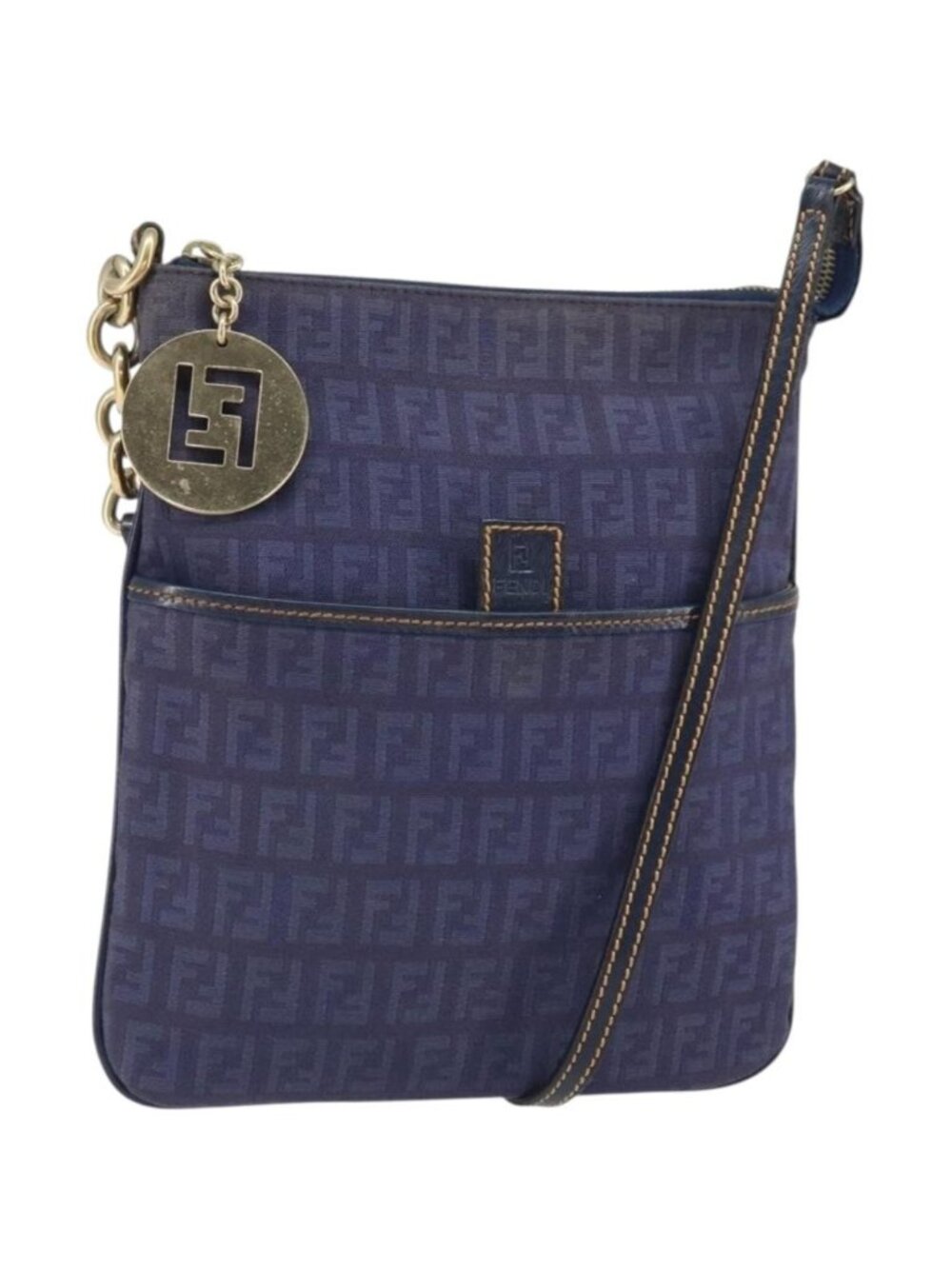 FENDI Zucchino Canvas Shoulder Bag Navy Gold